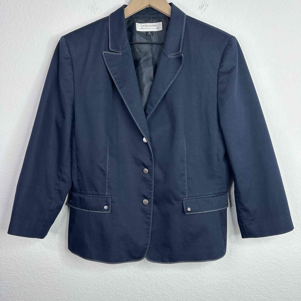 Tahari Blazer‎ 16 Blue Contrast Stitch Button Preppy Academic Office Career
